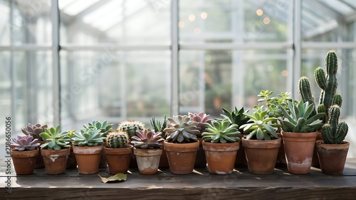 Assorted succulents and cacti in terracotta pots arranged on a wooden table in a greenhouse