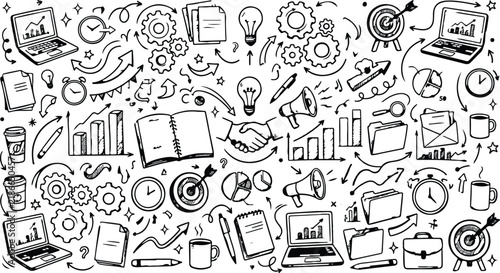 A hand drawn doodle style collection of business technology and education related elements and icons