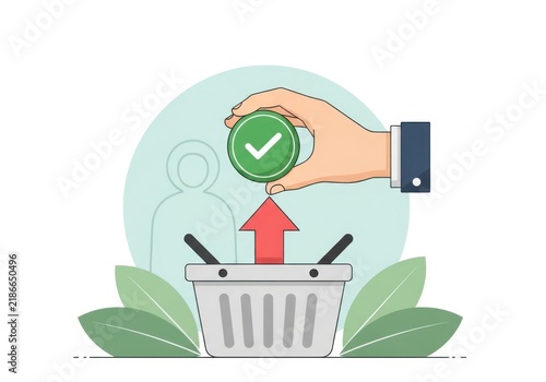Hand placing a green checkmark button into a shopping basket
