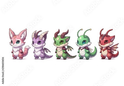 Set of cute fantasy baby dragons, colorful mythical creatures, digital art character design
