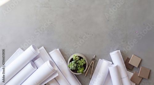 Flat lay of a professional architect workspace on concrete with rolled blueprints, ceramic tiles, a drawing compass and a potted succulent, creative interior design project planning