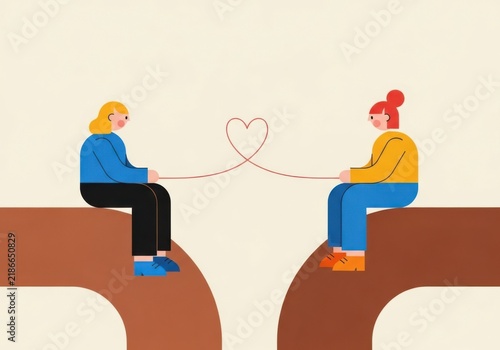 Two women sitting on cliffs connected by a red heartshaped string, love and connection concept