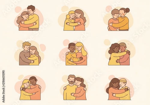 Set of diverse people hugging each other, expressing love, friendship, and support in flat style