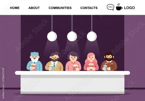 Flat vector illustration of a group of diverse people holding popcorn and drinks at a cinema counter