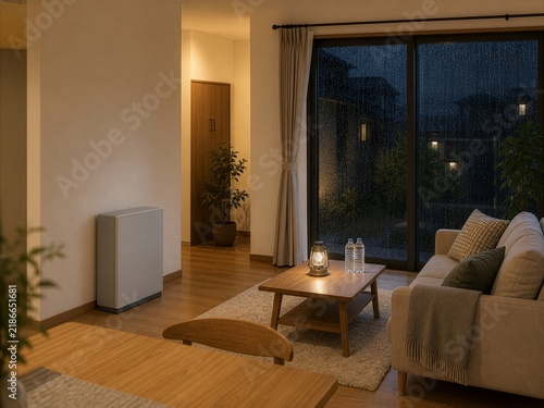 Obraz na płótnie 豪雨の夜でも明かりがつく家庭用蓄電池のあるリビング