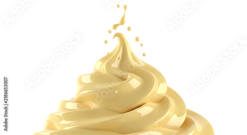 A swirl of creamy vanilla soft serve ice cream with droplets flying above, isolated on a white background, studio food dairy dessert isolated on a transparent background