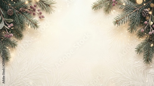 Christmas holiday background with pine branches and frosted red berries on soft winter light backdrop for seasonal festive cards
