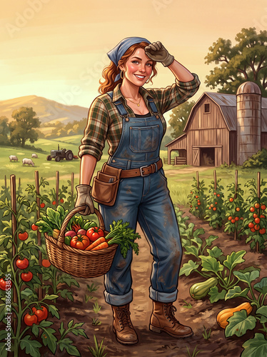 smiling woman farmer holding a wicker basket filled with fresh vegetables on a farm with a barn, tractor, and sheep in the background. Illustration