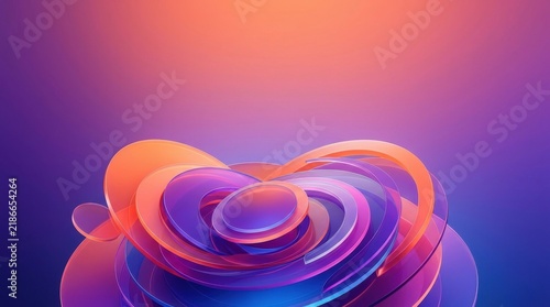Abstract 3d render of swirling translucent glass layers in vibrant purple and orange gradient lighting for futuristic digital background