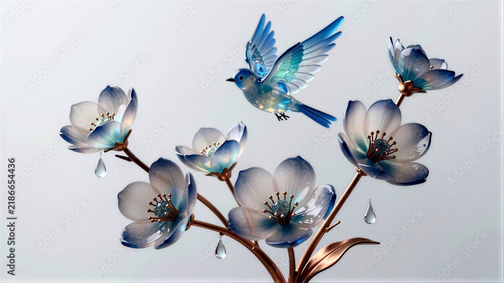 Obraz premium Blue bird flies above delicate, translucent blue flowers with dewdrops hanging.
