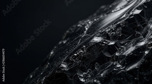 Extreme close up of jagged obsidian volcanic glass texture with sharp edges and dark reflective surfaces in moody monochromatic lighting