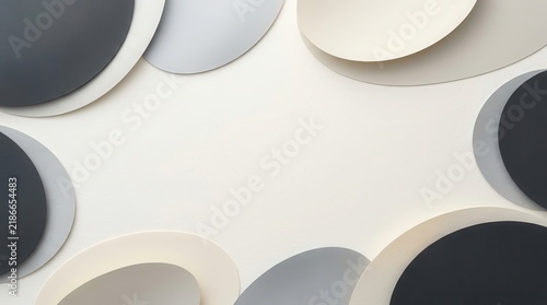 Artistic arrangement of geometric paper circles in monochrome shades creating a central white frame for professional copy space needs