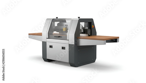 Modern industrial woodworking machine with conveyor table isolated on white background.