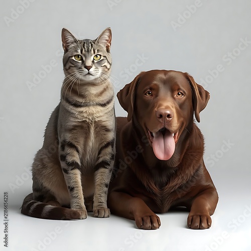 Domestic cat dog side by side plain light background gray black tabby cat upright curled tail chocolate Labrador Retriever lying down tongue out calm studio setting contrasting features
