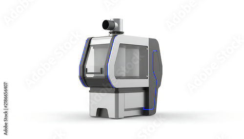 A modern industrial manufacturing machine with glass panels and blue accents isolated on.