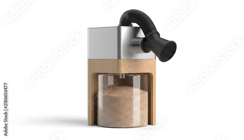 A modern electric kitchen grinder with a wooden frame and metallic finish is displayed on.