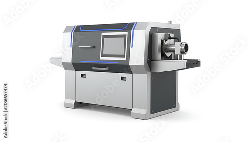 A modern industrial CNC machine with a digital control panel stands against a white.
