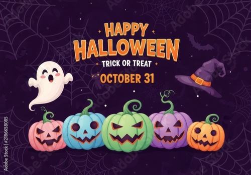 Happy halloween trick or treat october 31 greeting card with ghosts and colorful pumpkins