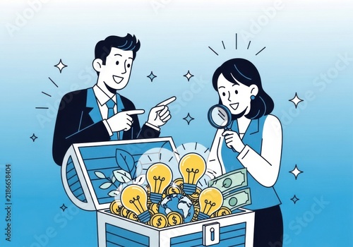 Business people discovering a treasure chest filled with light bulbs and money