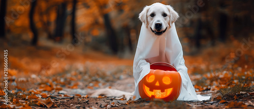 Cute golden retriever dog in ghost costume with glowing pumpkin bucket in autumn forest with left copy space for Halloween pet web banner.