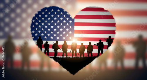 Patriotic heart shape with silhouettes of soldiers celebrating american veterans day holiday event