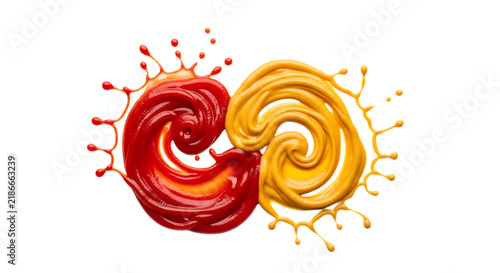 A creative composition of swirling red and yellow liquid splashes, forming a circular, yin-yang style abstract shape on a clean white background isolated on a transparent background