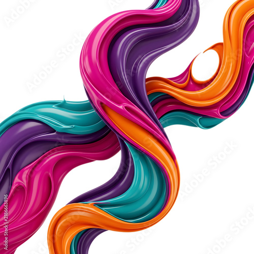 A dynamic, flowing abstract composition of vibrant, glossy liquid ribbons in shades of magenta, teal, purple, and orange against a white background isolated on a transparent background