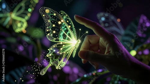 Human finger touching a glowing digital butterfly made of light particles in a dark environment