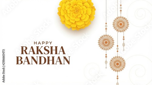 Yellow marigold flower with rakhi threads on white background