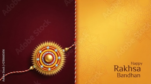Golden rakhi on split maroon and yellow background for festival