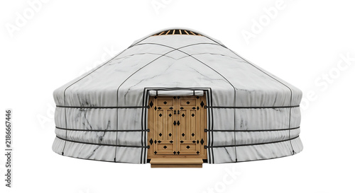 Traditional nomadic yurt tent with a wooden door and white felt covering, isolated on a white background, for architectural and, cultural display isolated on a transparent background