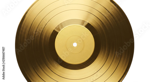 A single shiny gold vinyl record disc viewed from a top-down perspective, featuring circular grooves and a central label area on a dark background isolated on a transparent background