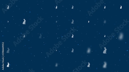 Template animation of evenly spaced rabbit symbols of different sizes and opacity. Animation of transparency and size. Seamless looped 4k animation on dark blue background with stars