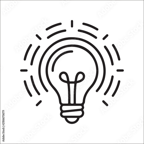 Minimalist black‑and‑white line art of a light bulb with radiating lines, symbolizing creativity, innovation, and new ideas in a stylized design