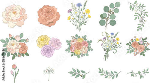 Vintage Pastel Flowers Rose Bouquet and Botanical Foliage Elements Set