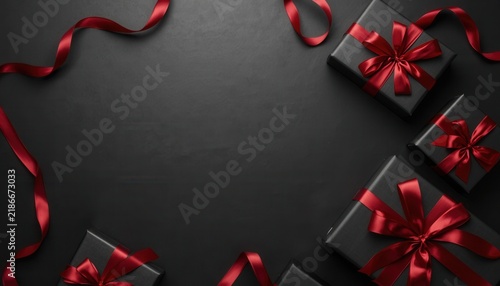 Gift Boxes with Red Ribbons: Elegant black gift boxes adorned with lustrous red ribbons are artfully arranged on a dark surface, creating a festive and sophisticated backdrop.