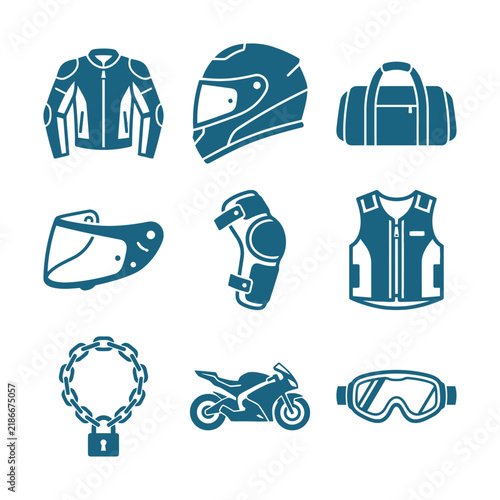 Motorcycle safety gear icons including helmet, jacket, gloves, goggles, and protective vest