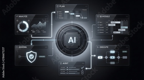 Naklejka Artificial intelligence central processing unit concept with holographic data interfaces and nodes AI chip cpu core data interface neural network digital processor futuristic
