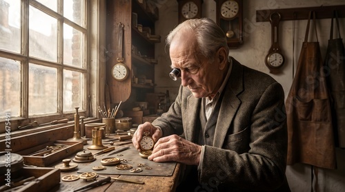 Elderly artisan repairman working on detailed antique clock movement in workshop