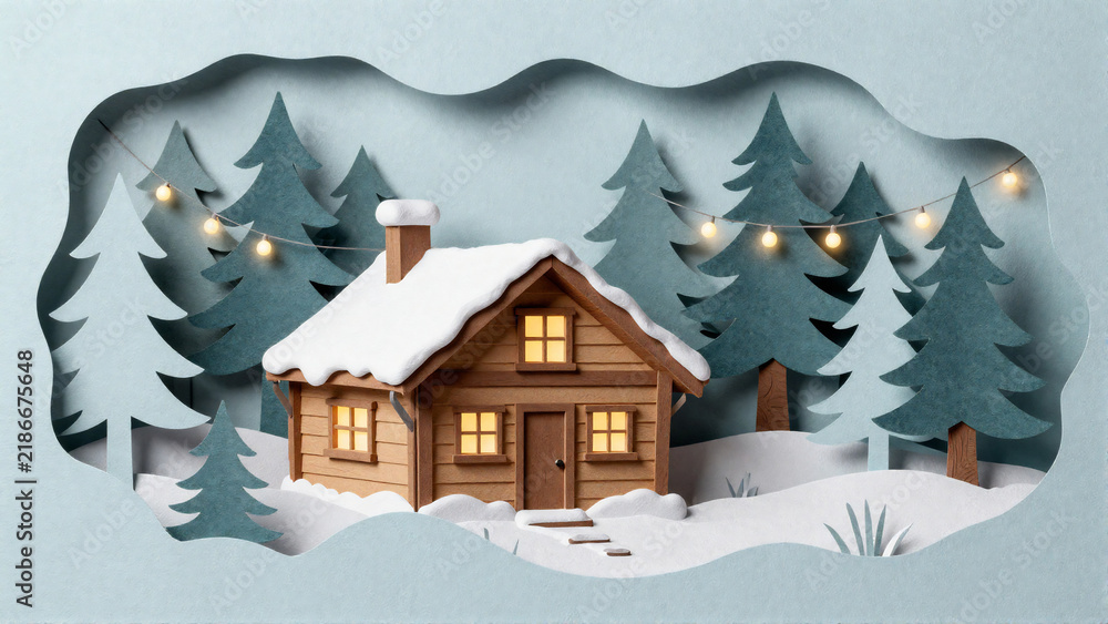 Fototapeta premium Winter Cabin in Snow Paper Cut Forest Art