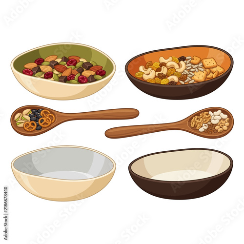 Healthy Organic Snack Bowls Filled With Crunchy Nuts Dried Fruit And Salty Pretzels Served In Wooden Spoons Alongside Empty Dishes For A Wholesome Breakfast Selection In A Traditional Kitchen Set