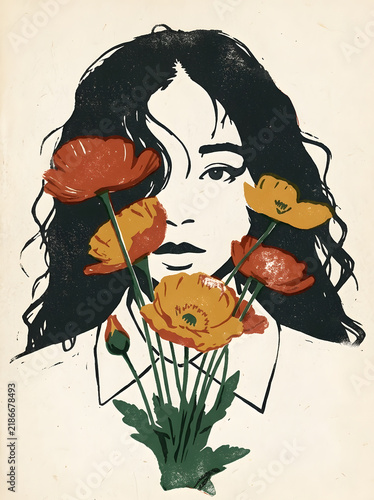 Artistic portrait of woman with autumn floral elements illustration. High resolution illustration with natural colors.