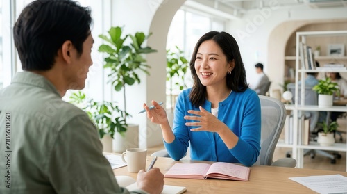 Two professional colleagues, a woman and a man, collaborating on a project in a modern office setting.