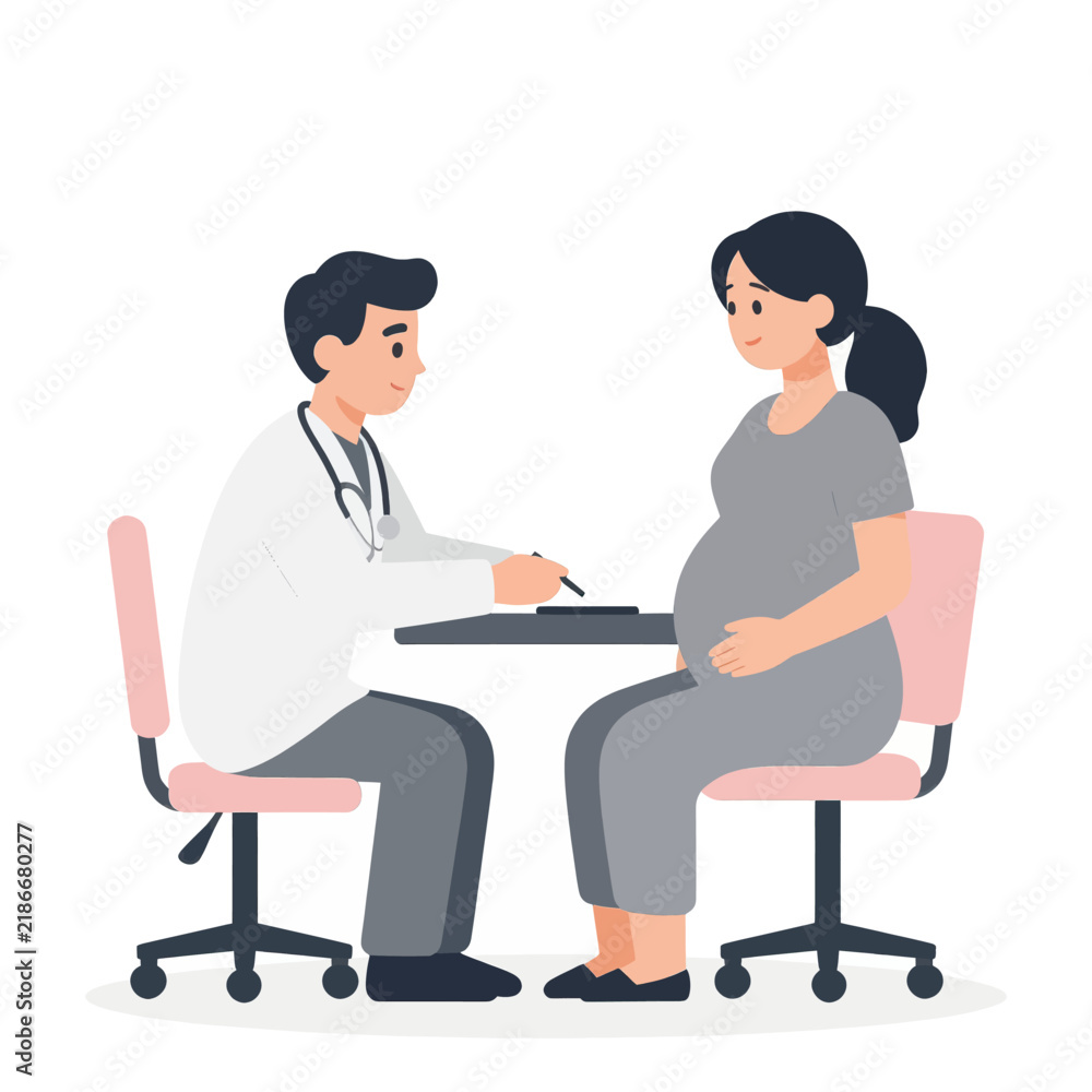 Fototapeta premium Male doctor in a white coat and stethoscope consulting a pregnant woman during a medical checkup in a clinic, professional healthcare consultation for prenatal care and maternal health