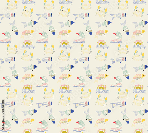 Cute Nautical Sea Animals Seamless Pattern on Cream Background