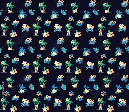 Tropical Hibiscus Floral Seamless Pattern on Dark Navy Background