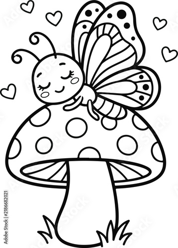 Cute cartoon butterfly sleeping on a spotted mushroom, line art coloring page for kids