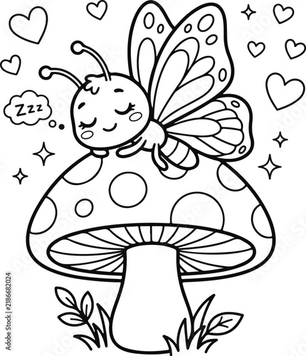 Cute cartoon butterfly sleeping on a mushroom with zzz speech bubble, coloring page for kids
