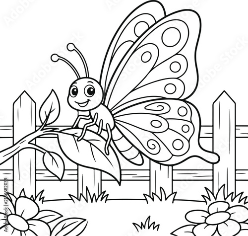 Cute cartoon butterfly sitting on a leaf by a wooden fence, coloring page for children