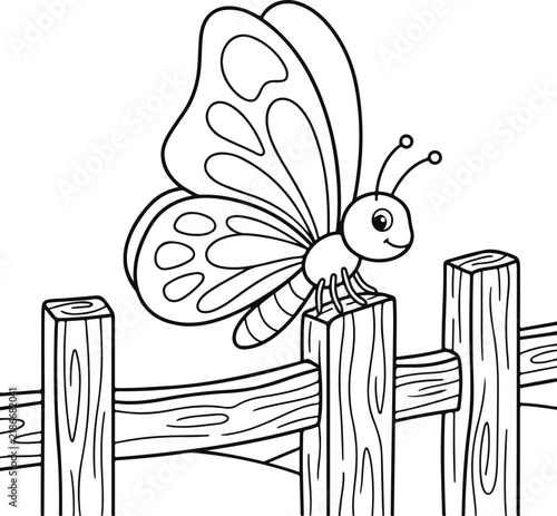 Cute cartoon butterfly resting on a wooden fence, black and white outline illustration for coloring book for kids